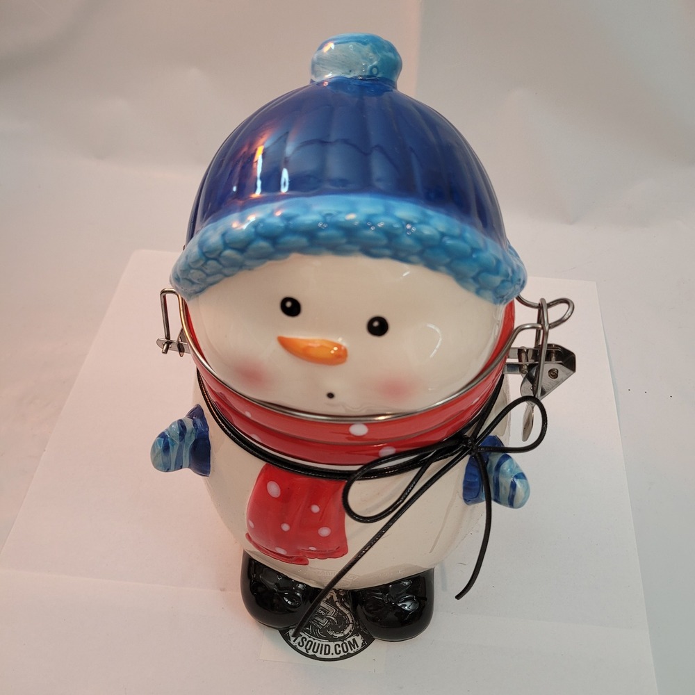 ConAgra Foods‎ Snowman Ceramic Cookie Jar Canister Blue Hat Red Scarf Hinge Lid